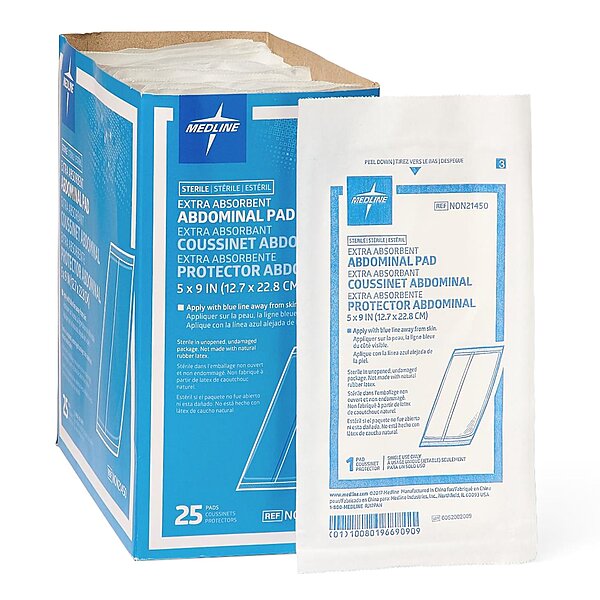 Medline Sterile Abdominal Pads 5" x 9", 25/Box
