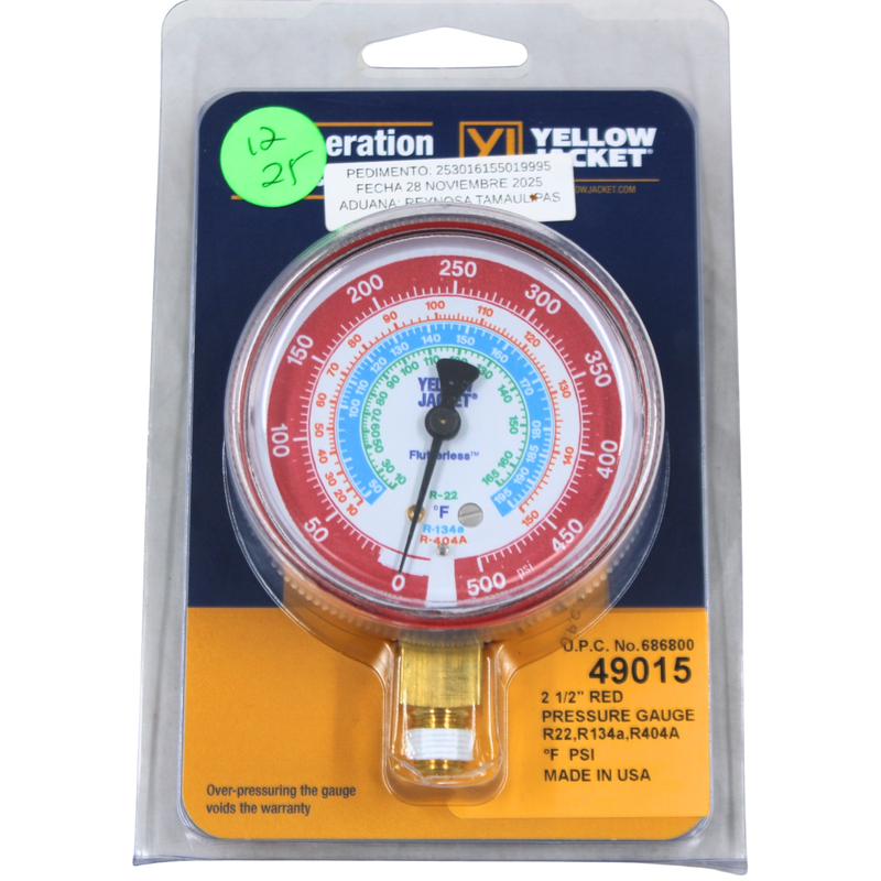 Manómetro 2 1/2" Alta para °F 0-500Psi R22/134A/404A, Yellow Jacket, Rojo - 49015