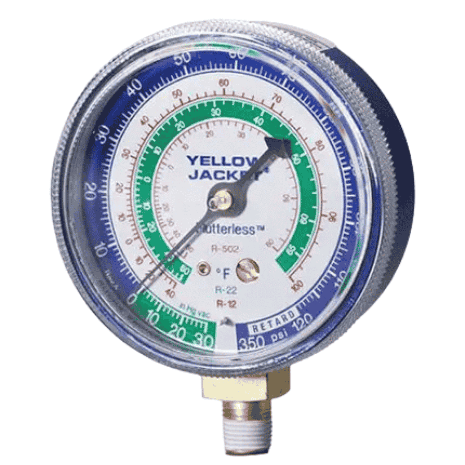 Manómetro 2 1/2" Baja Azul para °F 30"-0-120Psi R22/134A/404A  Yellow Jacket 30" Azul - 49016