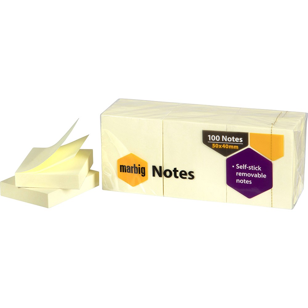 Marbig Repositionable Notes 40 x 50mm Yellow 100 Sheet Pad Pack  Of 12