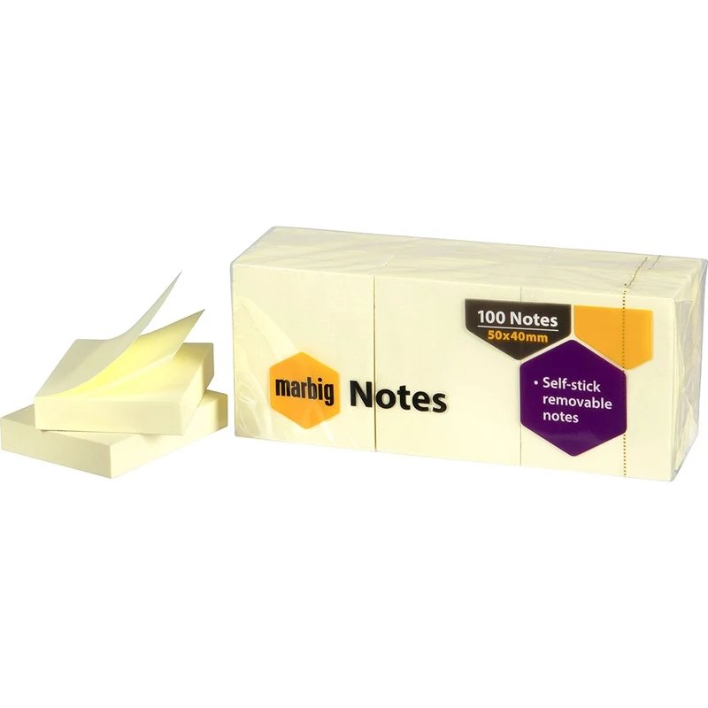 Marbig Repositionable Notes 40 x 50mm Yellow 100 Sheet Pad Pack  Of 12