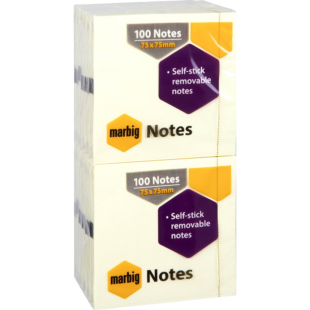 Marbig Repositionable Notes 75 x 75mm Yellow 100 Sheet Pad Pack  Of 12