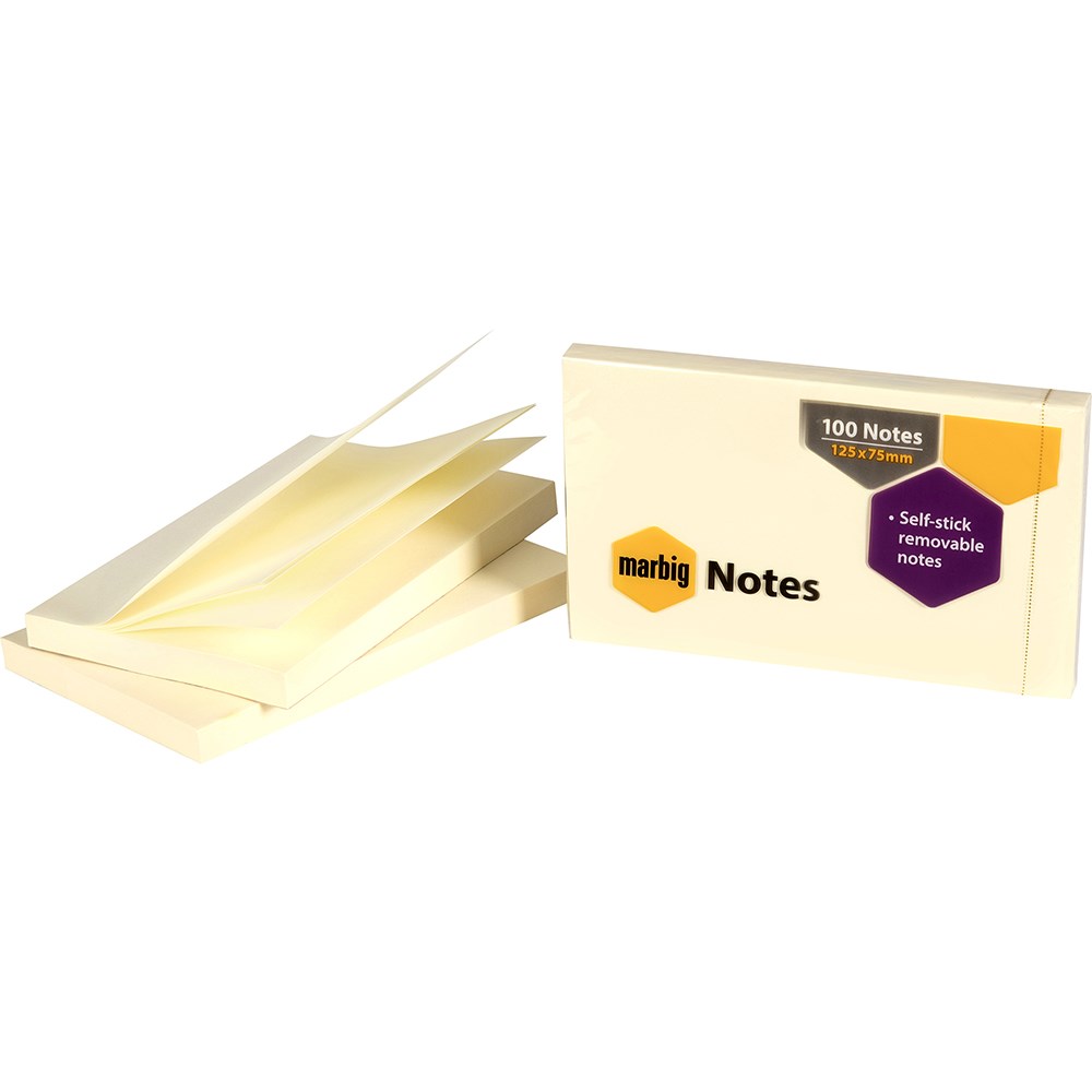 Marbig Repositionable Notes 75 x 125mm Yellow 100 Sheet Pad Pack  Of 12