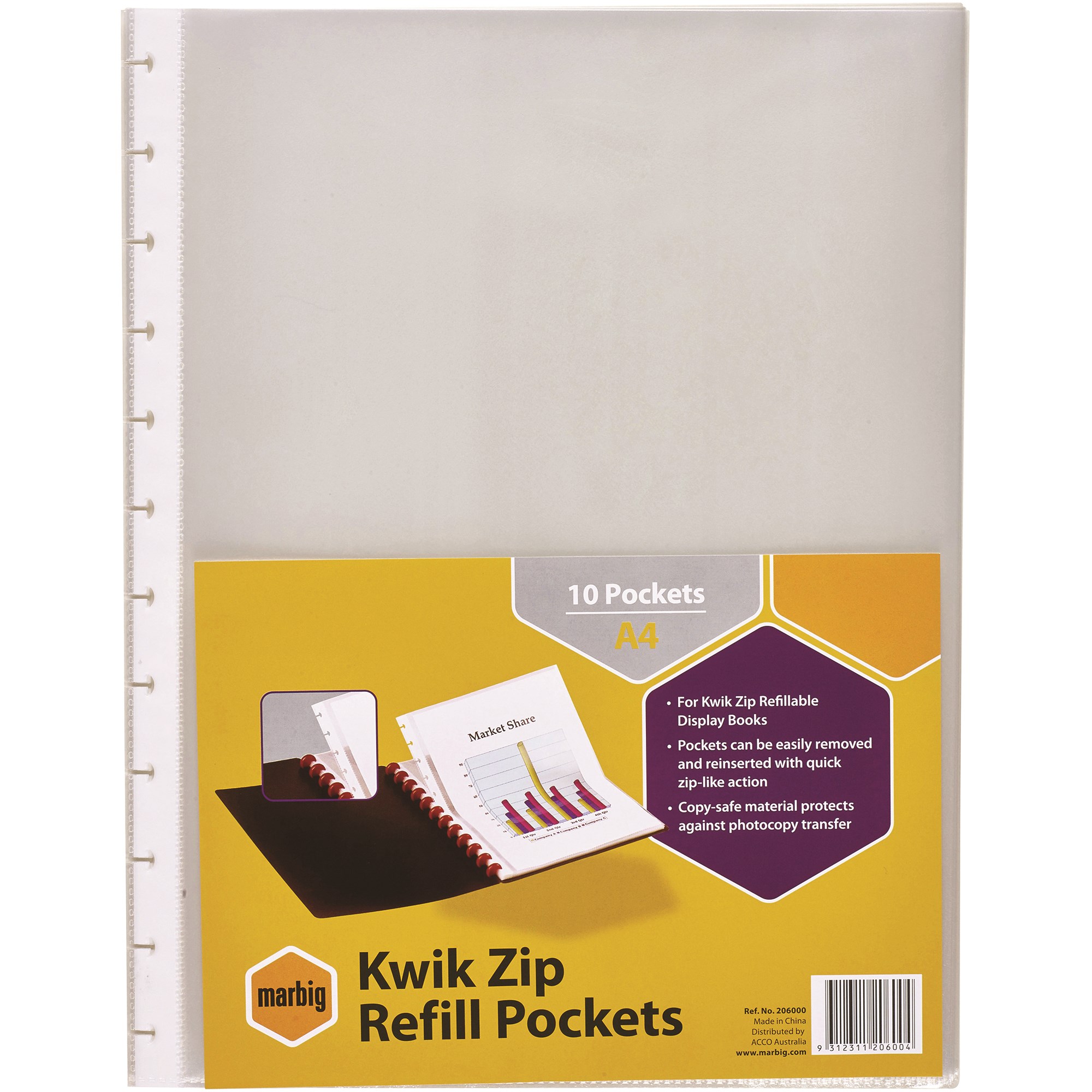 Marbig Kwik Zip Display Book Refills A4 Clear Pack  Of 10