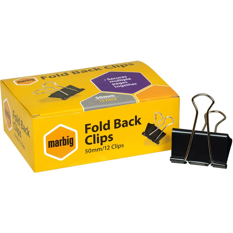 Marbig Foldback Clips 50mm Black Box Of 12
