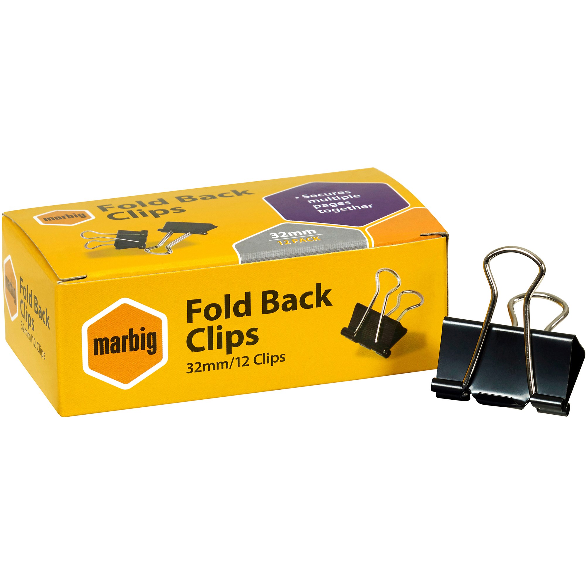 Marbig Foldback Clips 32mm Black Box  Of 12