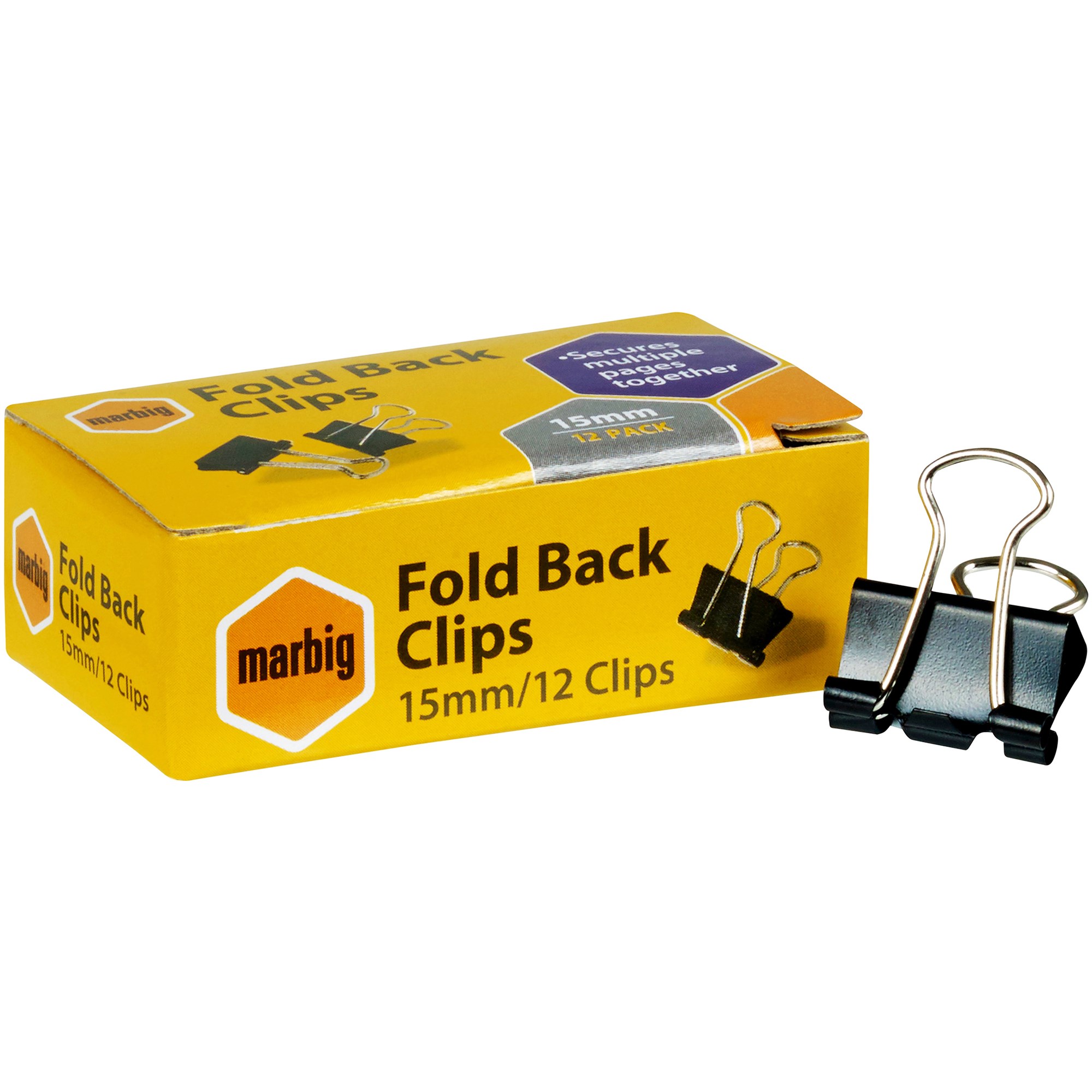 Marbig Foldback Clips 15mm Black Box  Of 12
