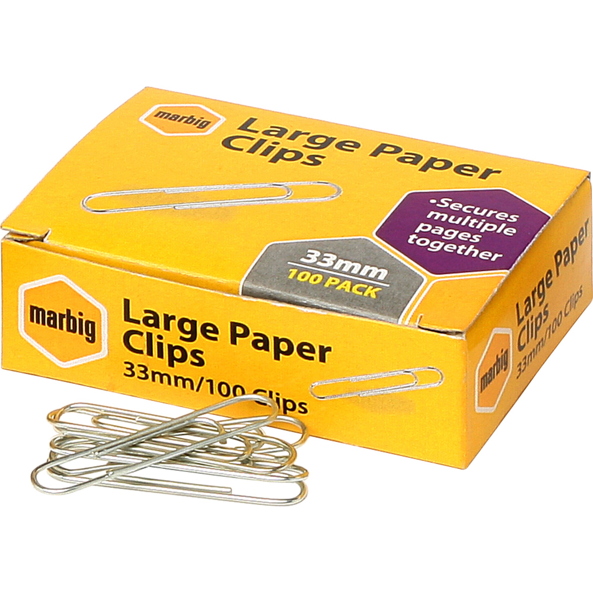 Marbig Paper Clips Large 33mm Chrome Box  Of 100