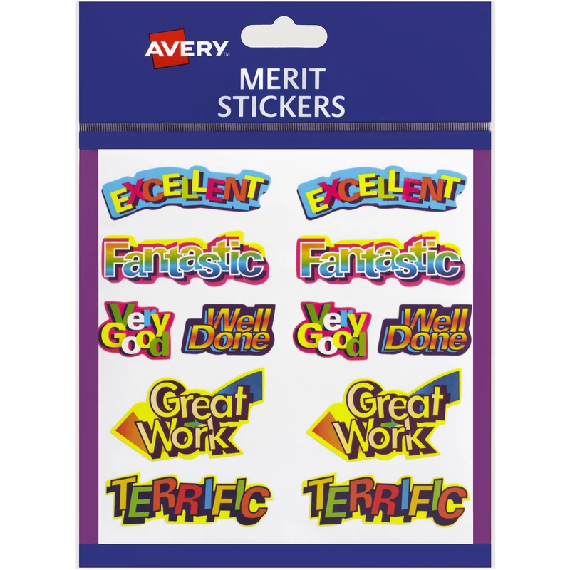 Avery Merit Stickers Multi Captions Shapes 18x30mm Assorted Colours Pack Of 120