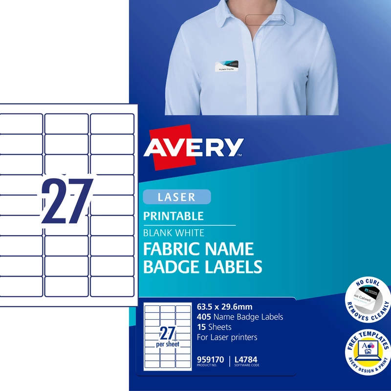 Avery Fabric Name Badge Laser Labels White L4784 63.5x29.6mm 27UP 405 Labels 15 Sheets