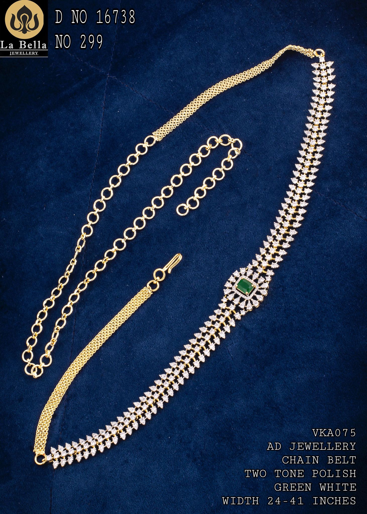 V852: Beautiful Two Tone Polish  Green AD Stone Waist Belt