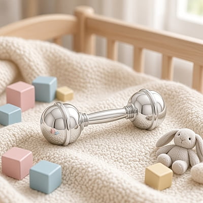 Dumbbell Baby Rattle English Sterling Silver 3". SKU #: C486. Dumbbell Baby Rattle English Sterling Silver 3". SKU #: C486.