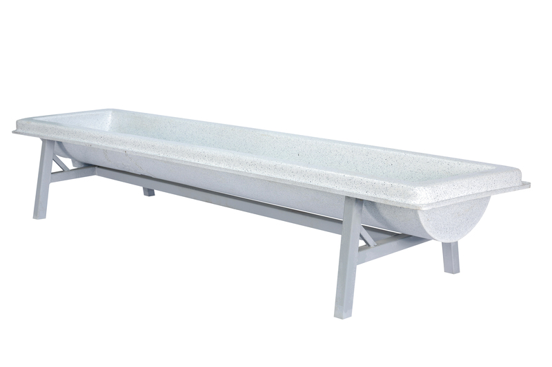 Farmex feeder trough 100L made from food-grade HDPE for sheep and goats showing dimentions - LEFT