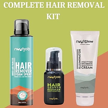 Nuutjob - Total Hair Removal Kit | Hair Removal foam spray + Hair growth reducer gel + Nuut glow Intimate Brightening Cream Combo Pack