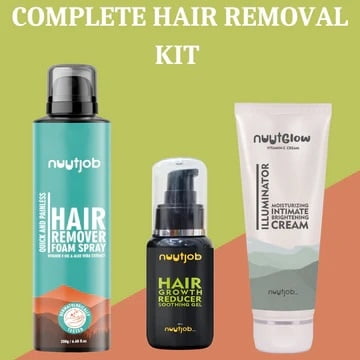 Nuutjob - Total Hair Removal Kit | Hair Removal foam spray + Hair growth reducer gel + Nuut glow Intimate Brightening Cream Combo Pack