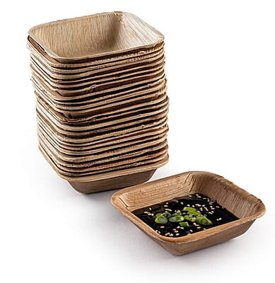 Nature Palm Leaf Disposable Bamboo Look Square 4” (5 oz) - Elegant Sturdy Biodegradable, Compostable and Chemical Free Bowls - Natural Color - Pack of 25