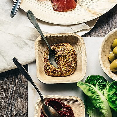 Nature Palm Leaf Disposable Bamboo Look Square 4” (5 oz) - Elegant Sturdy Biodegradable, Compostable and Chemical Free Bowls - Natural Color - Pack of 25