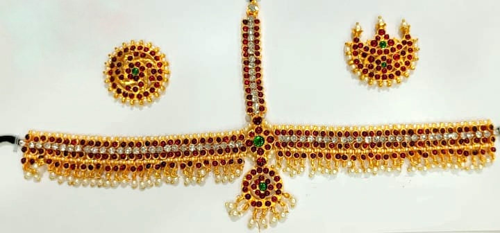 Brass Gold Plated Temple Headset with Kemp Stones | Suryan & Chandran | Bharatanatyam & Bridal Jewellery