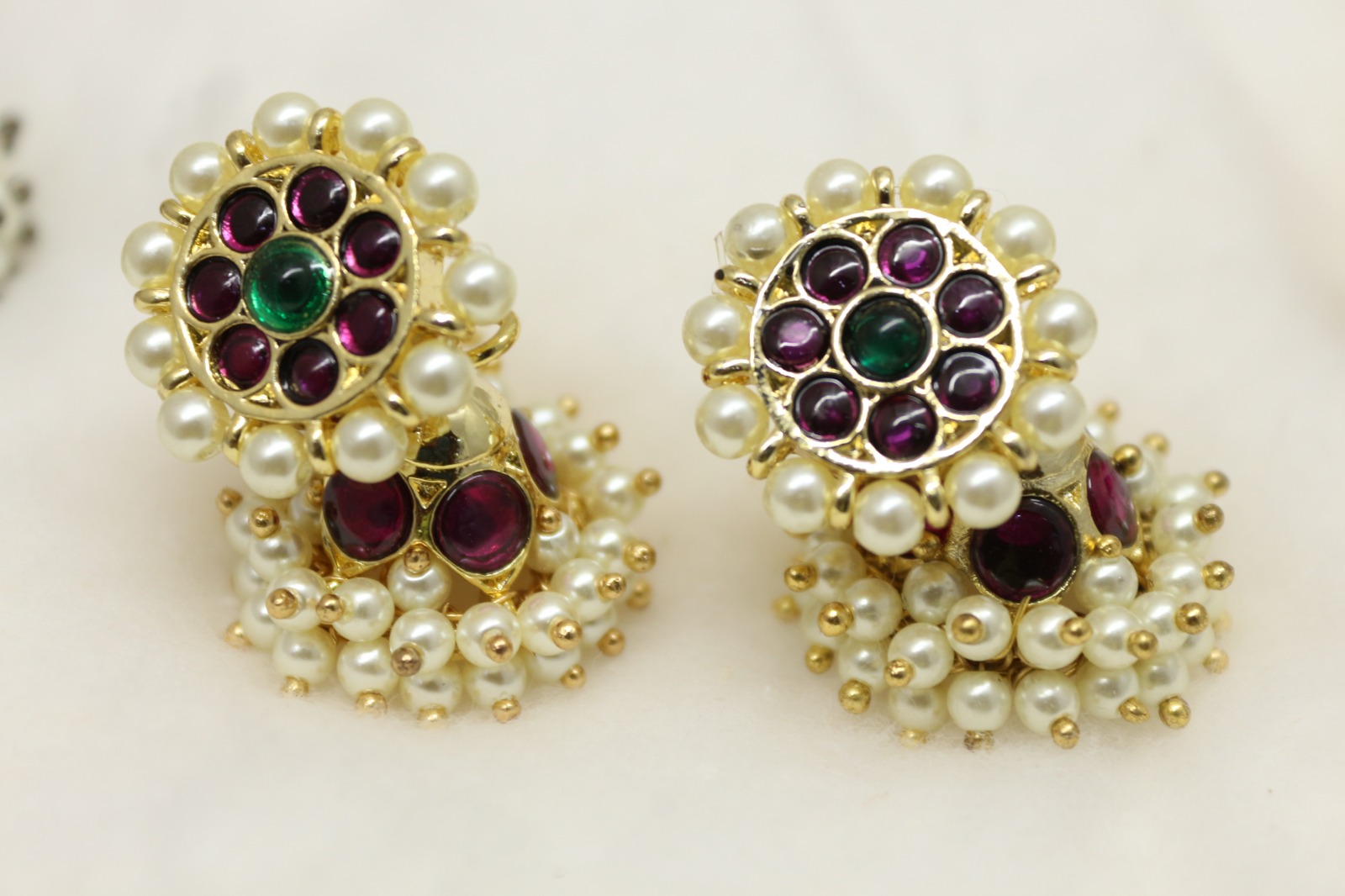 Margam Temple Jhumkas – Panchalokam Grace in One Gram Gold & Authentic Red Kempstones