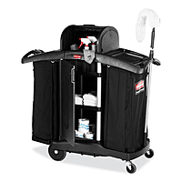 Rubbermaid High-Security Housekeeping Cart, Plastic, 3 Shelves, 2 Bins, 22" x 51.75" x 53.5", Black/Silver