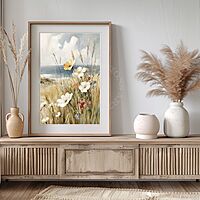 French Coastal Daisy Landscape Canvas Print | UNFRAMED Unframed premium cotton canvas print