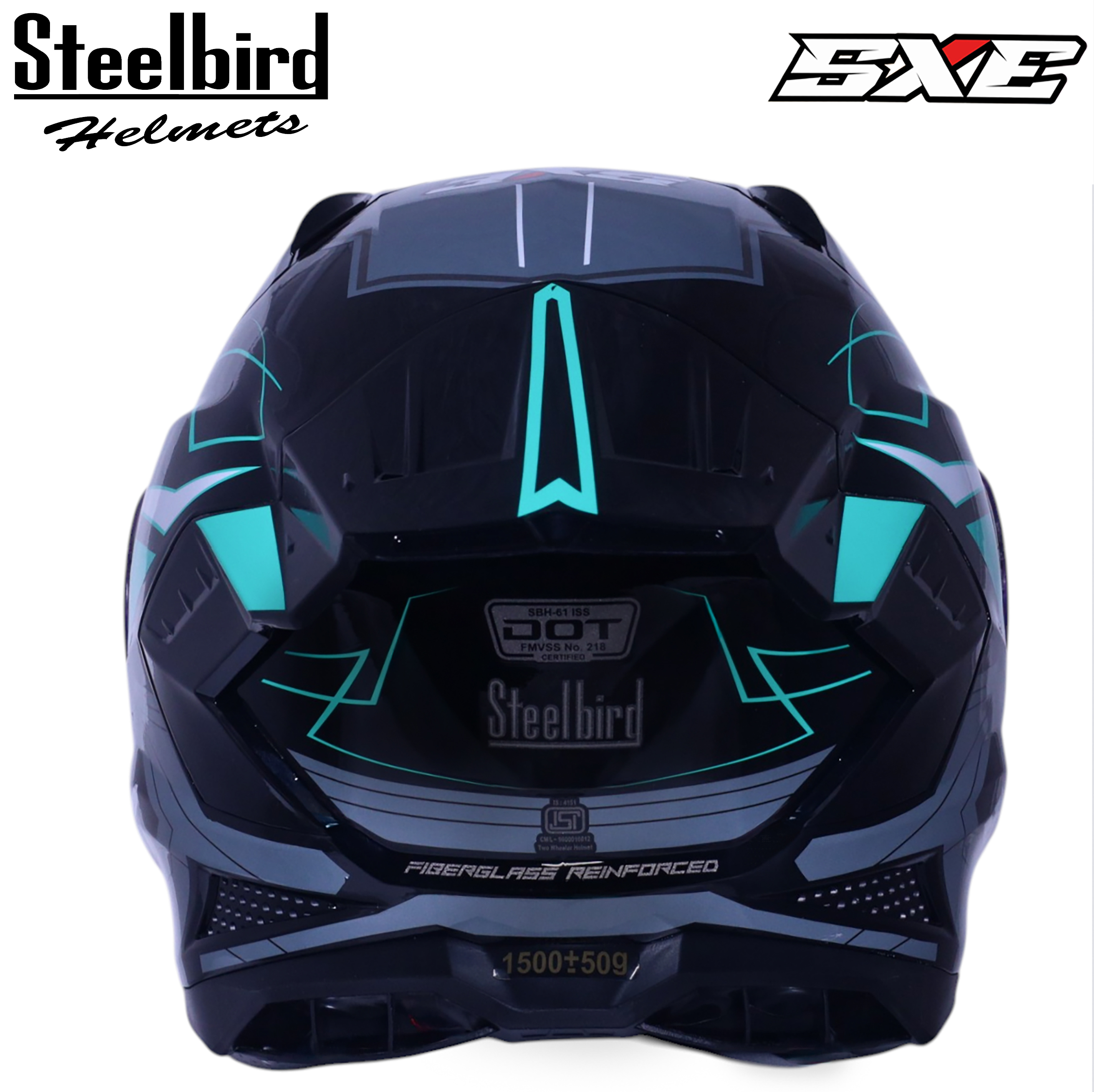 STEELBIRD SBH-61 ISS SXE RACE-X GLOSSY BLACK/CYAN GREEN WITH AFS EDITION C/V 620MM