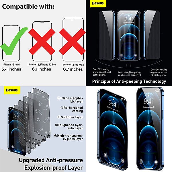 Baseus 0.3mm Privacy Tempered Glass Screen Protector iPhone 12 Series - 12 Mini