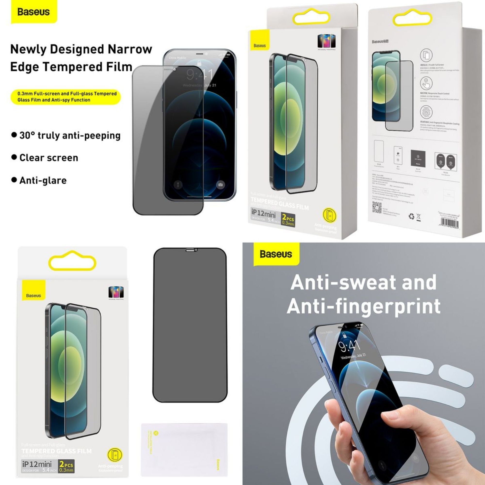 Baseus 0.3mm Privacy Tempered Glass Screen Protector iPhone 12 Series - 12 Mini