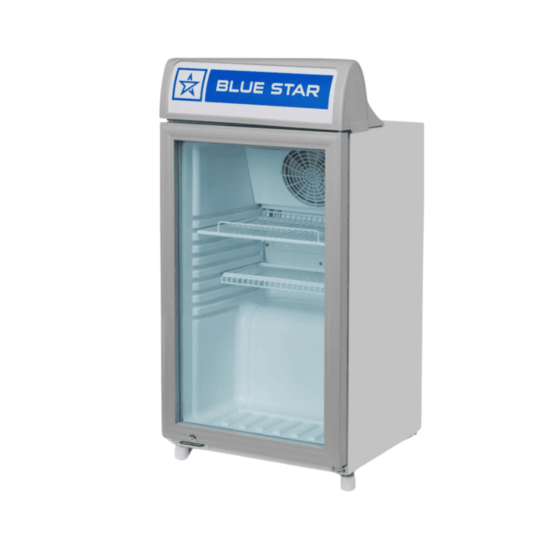 Small glass door refrigerator, Blue Star 95 liters capacity.