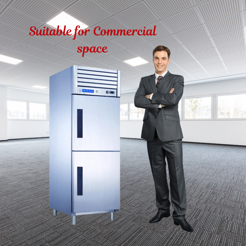 Stainless steel Blue Star GP Series Reach-In Freezer with heavy-duty door handles.