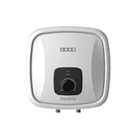 Front view of the Usha Aquerra 25 liter water heater with its white and grey body. Front view of the Usha Aquerra 25 liter water heater with its white and grey body.