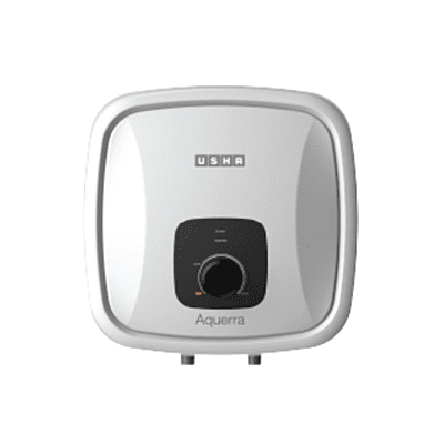 Front view of the Usha Aquerra 25 liter water heater with its white and grey body.