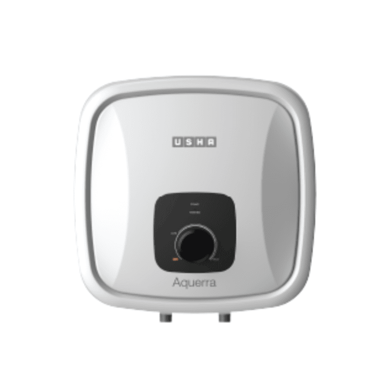 Front view of the Usha Aquerra 25 liter water heater with its white and grey body. Front view of the Usha Aquerra 25 liter water heater with its white and grey body.