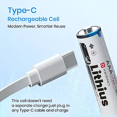 Portronics AAA Lithius Cell USB-C Rechargeable Lithium-ion Battery Portronics AAA Lithius Cell USB-C Rechargeable Lithium-ion Battery