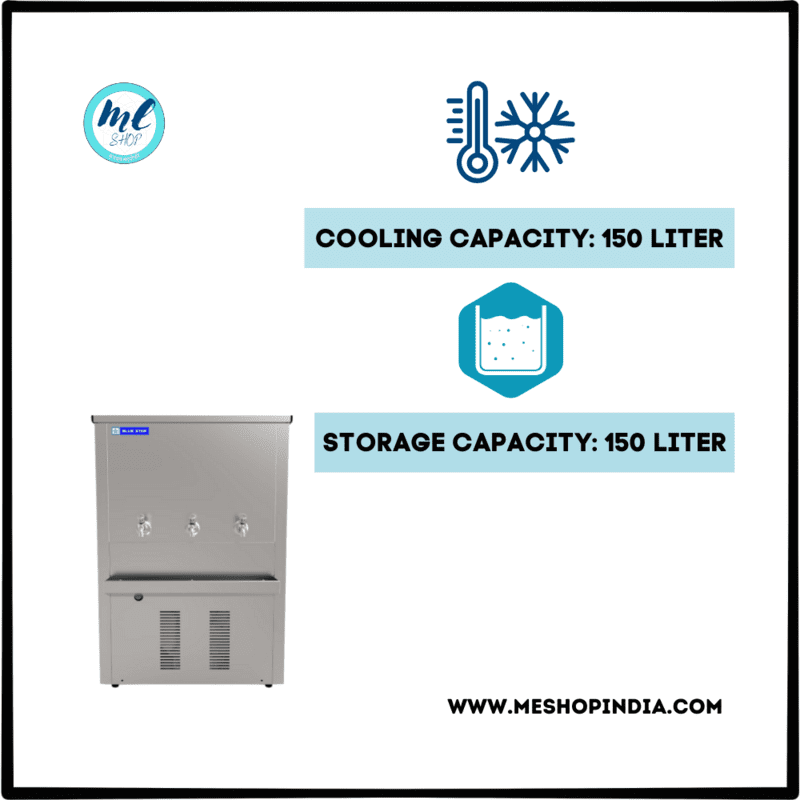 Close-up of a sleek Blue Star CW150150-3t water cooler dispensing cold water.