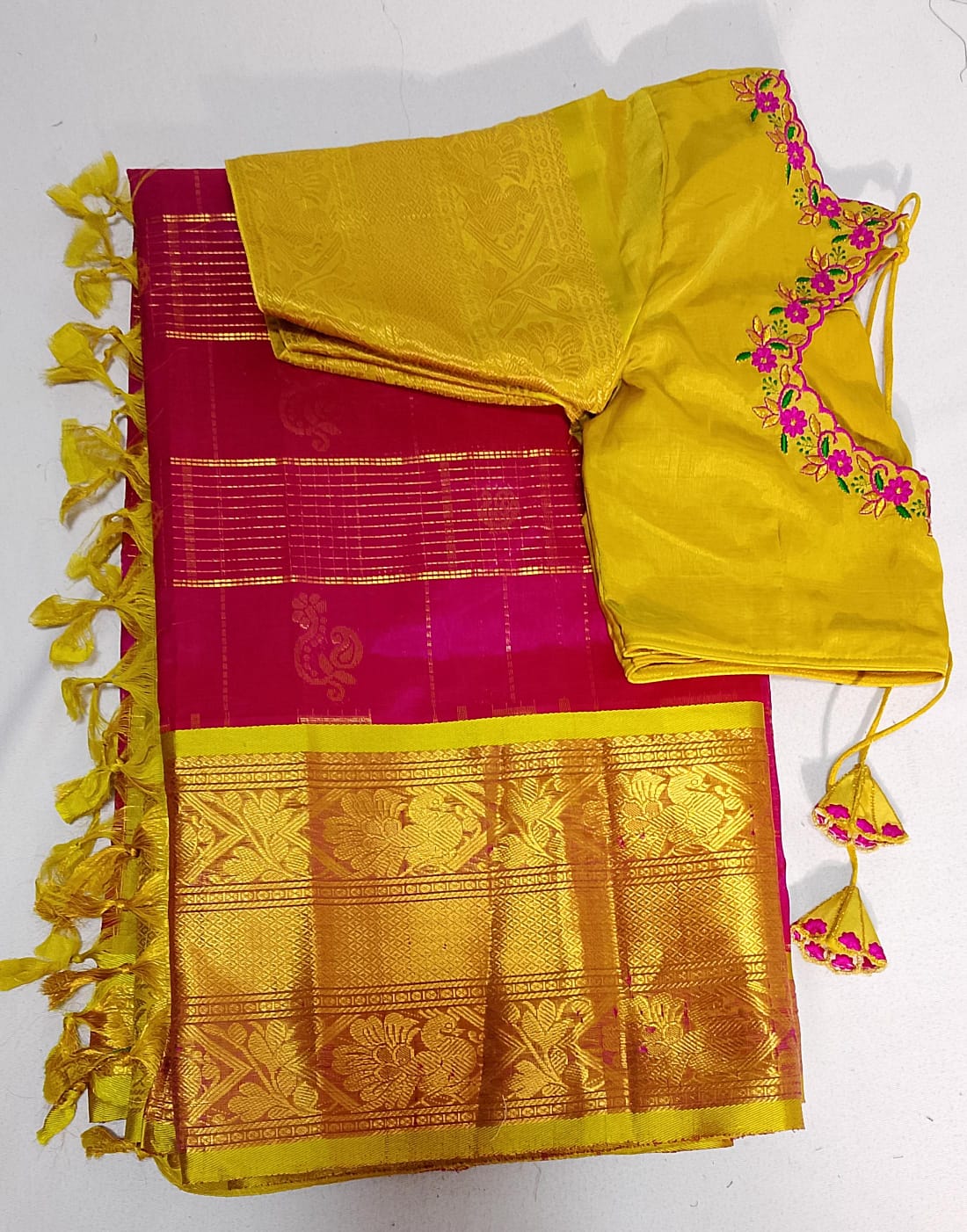 N390: Ready To Ship Beautiful Mangalagiri Saree With Stitched Embroidery Work Blouse