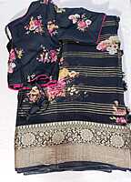 J526: Ready To Ship Beautiful Floral Printed Kadhi Chiffon Saree With Stitched Blouse