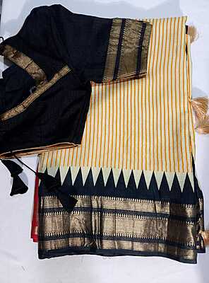 J500: Ready To Ship Beautiful Pure Moonga Crepe Silk Saree In Ganaga Jamuna Border With Stitched Blouse