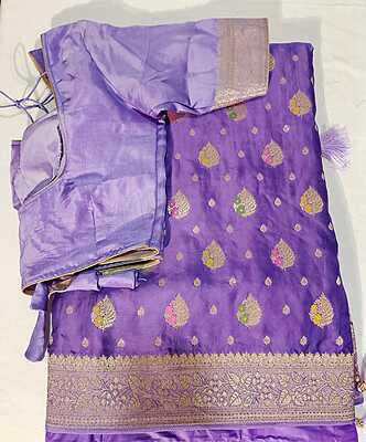 J527: Ready To Ship Beautiful Pure Banarasi Satin Silk Saree With Stitched Blouse