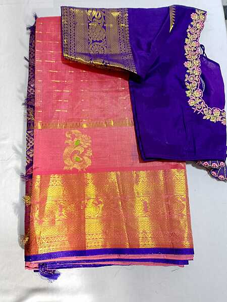 J522:  Ready To Ship Beautiful Mangalagiri Saree With Stitched Embroidery Work Blouse