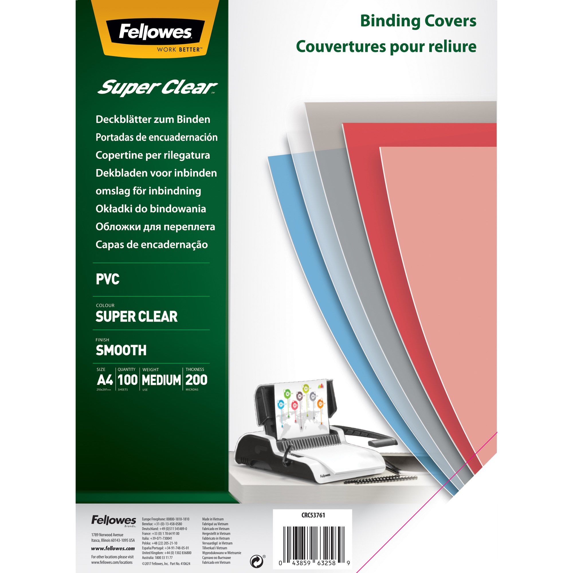Fellowes Binding Covers A4 200 Micron PVC Clear Pack  Of 100