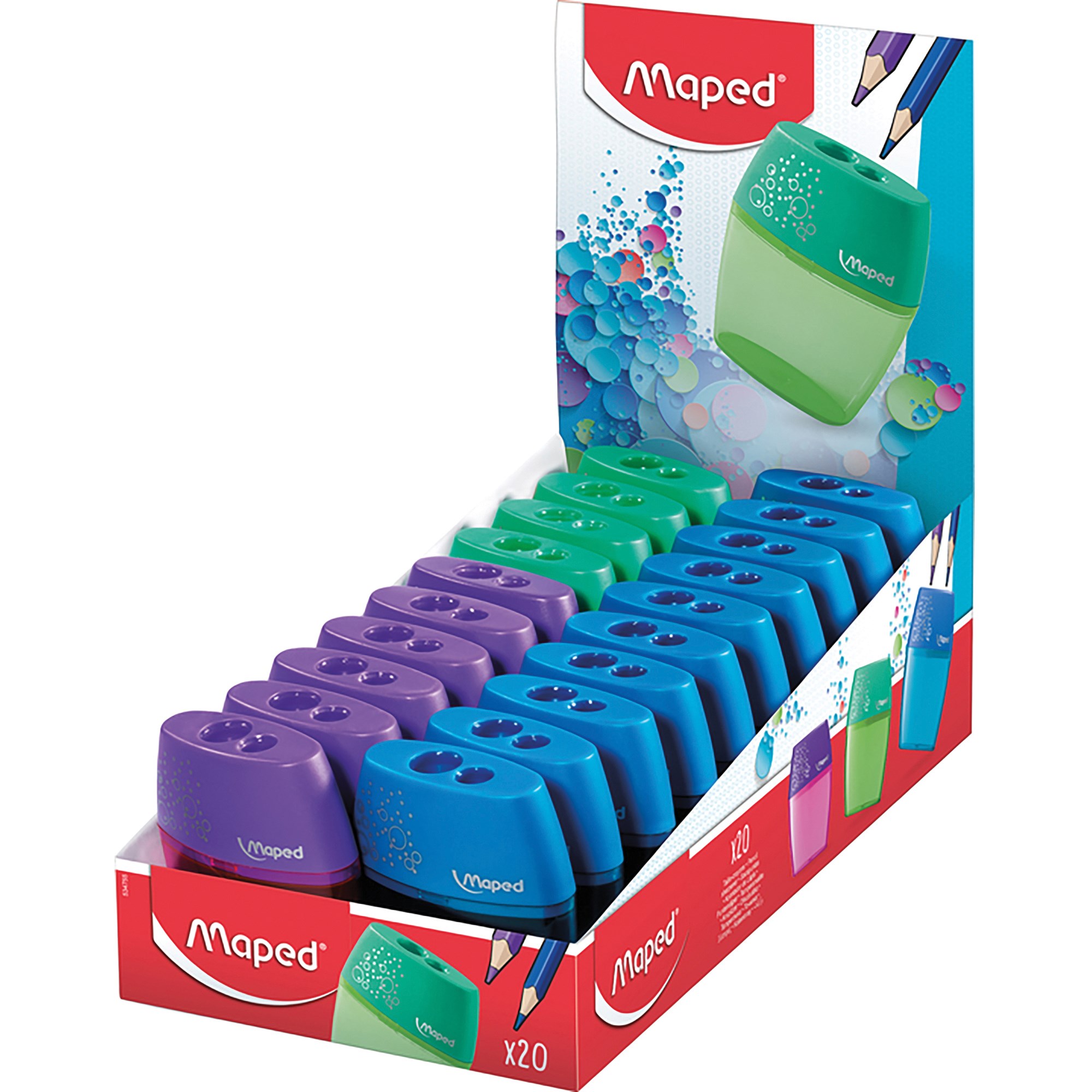 Maped Shaker Sharpener 2 Hole Plastic Box Of 20 Assorted Colours