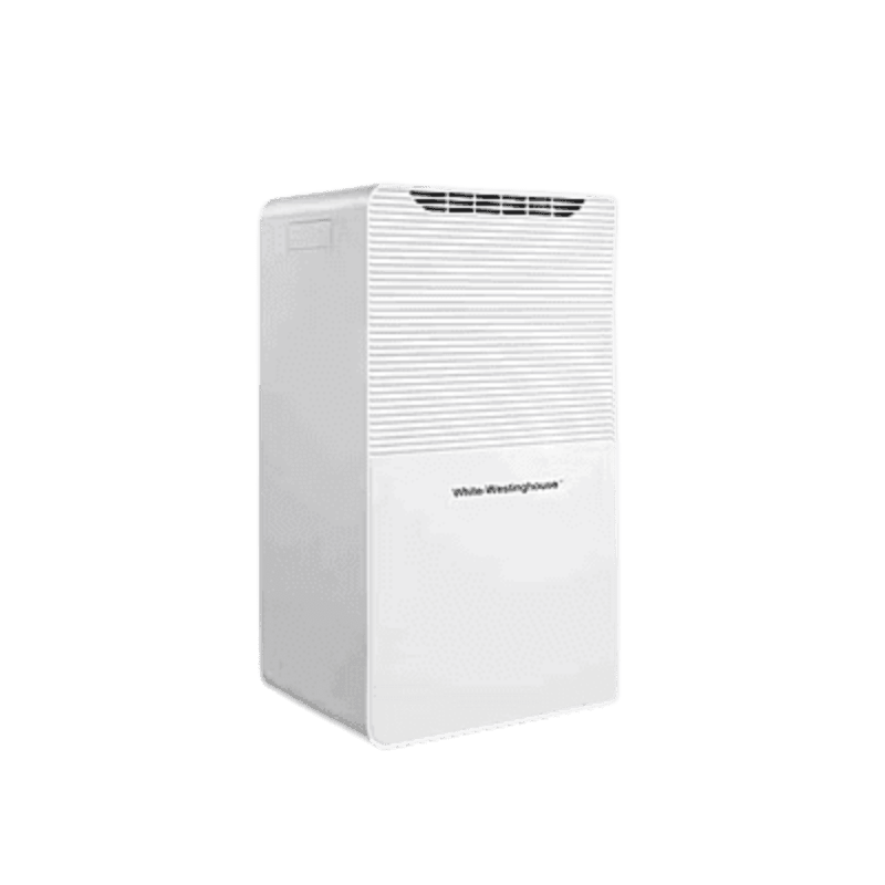 Portable White Westinghouse AWHD40L 40L dehumidifier with sturdy wheels and durable plastic casing.