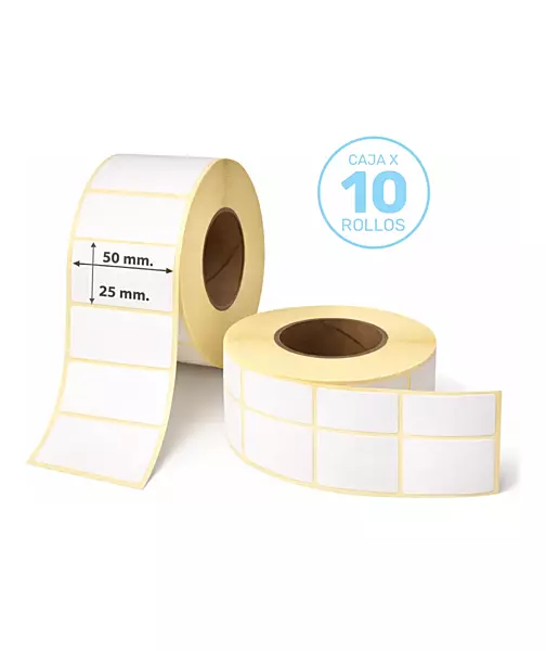 10 rollos de etiquetas autoadhesivas de OPP blanco de 50x25 mm, 1000 etiquetas por rollo