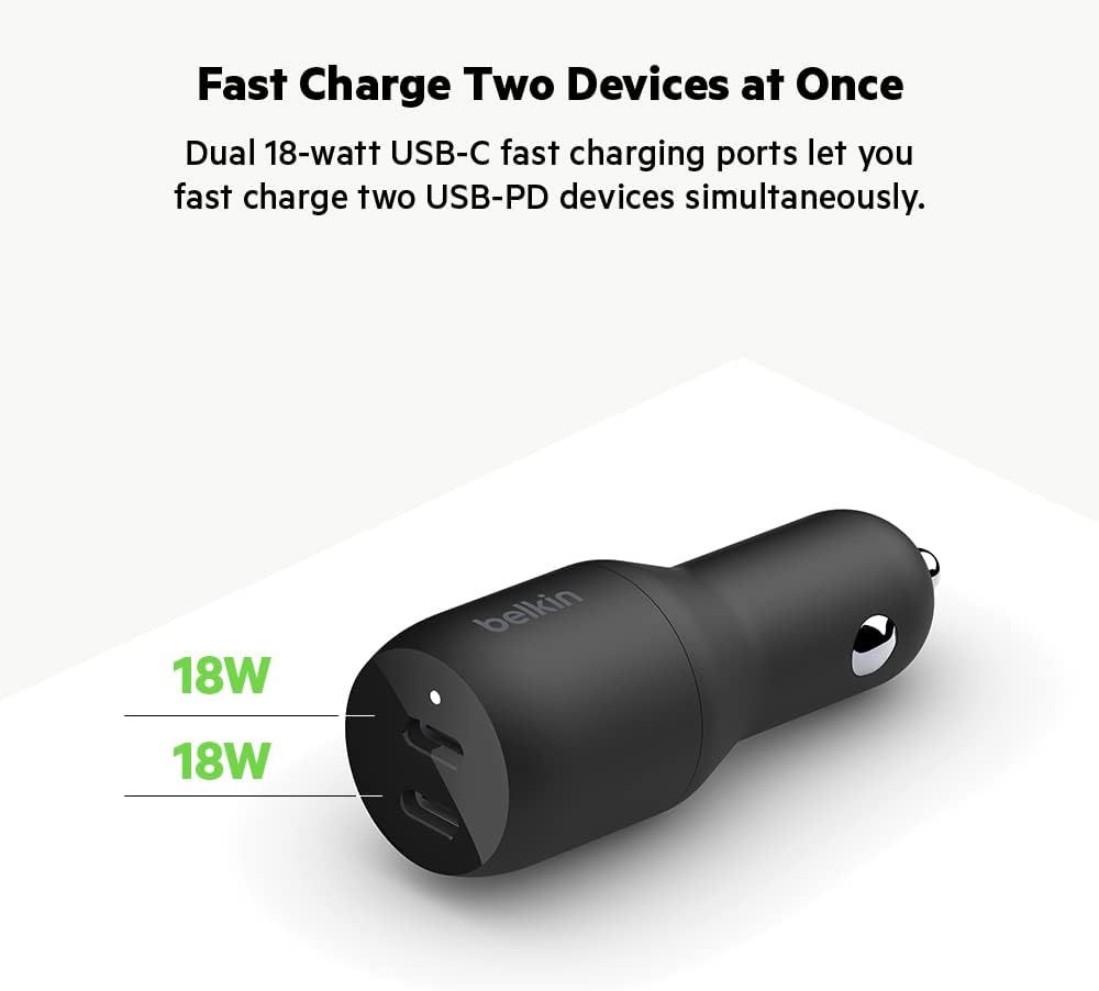 Belkin 36-Watt Dual-USB Car Charger - Power Delivery 2 18W USB-C Ports with PPS Charging Apple iPhone 14, 14 Pro, 14 Pro Max