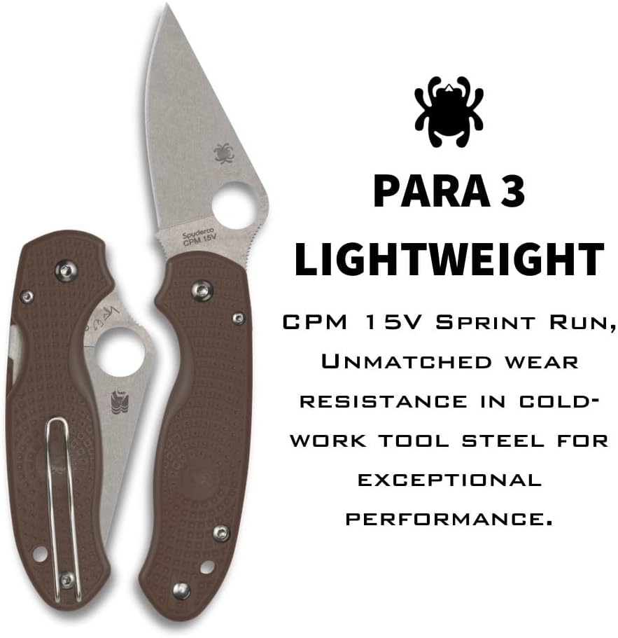 Spyderco Para 3 Lightweight Folding Utility Pocket Knife with 2.93" CPM 15V Sprint Run Steel Blade and Brown FRN Handle
