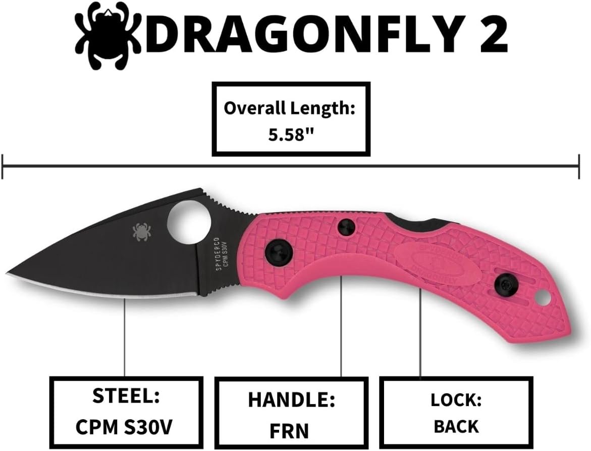 Spyderco Dragonfly 2 Lightweight EDC Folding Pocket Knife with 2.30" Black Steel Blade and Pink FRN Handle