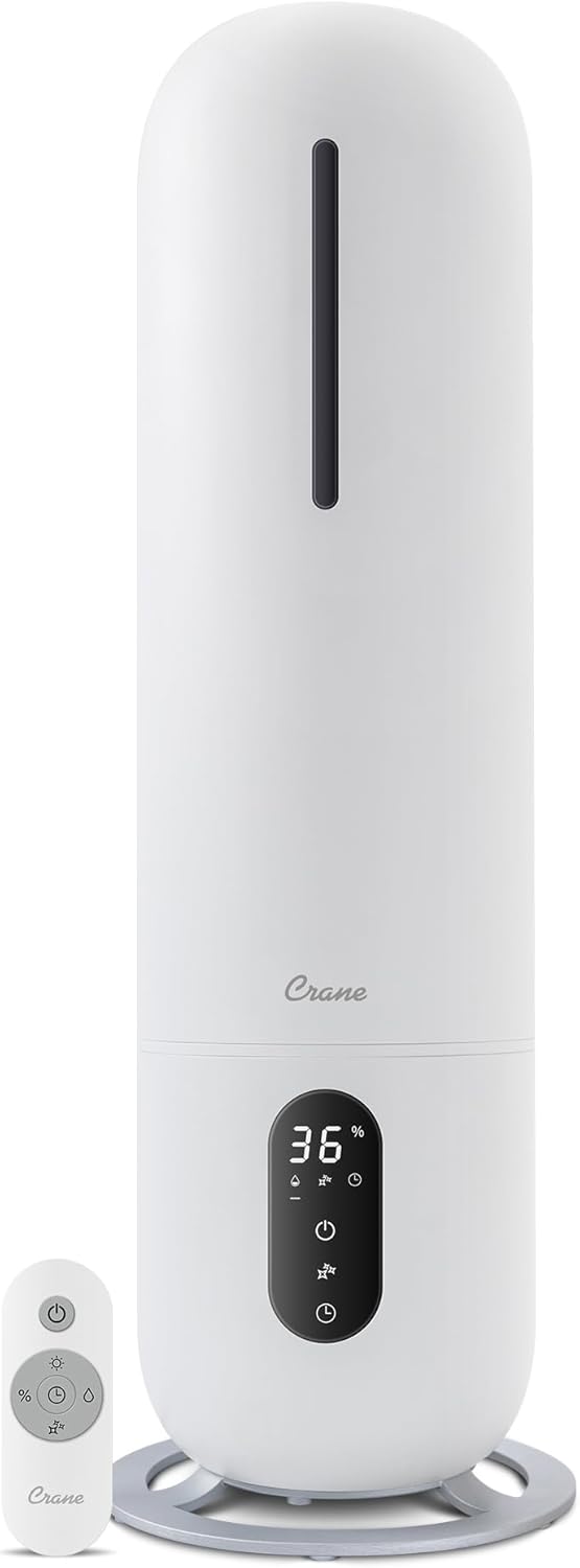 Crane 2 Gallon Top Fill Ultrasonic Cool Mist Tower Humidifier for Home, Whisper Quiet, Filter Free, Dishwasher Safe