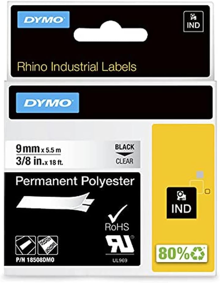 DYMO Permanent Polyester Industrial Label Tape, Clear with Black Print