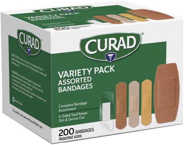 CURAD Assorted Adhesive Bandages, 4-Sided Seal, Variety Pack, 200 Count, 1 Pack